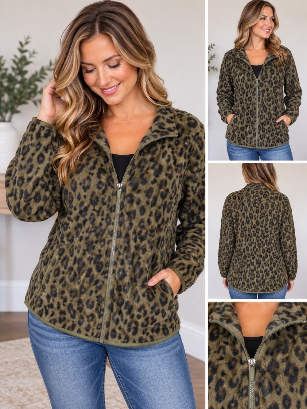 Old Navy Active Women’s XXL Olive Leopard Print Full Zip Fleece Jacket